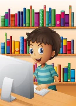 A boy using the computer inside the library Illustrazione stock