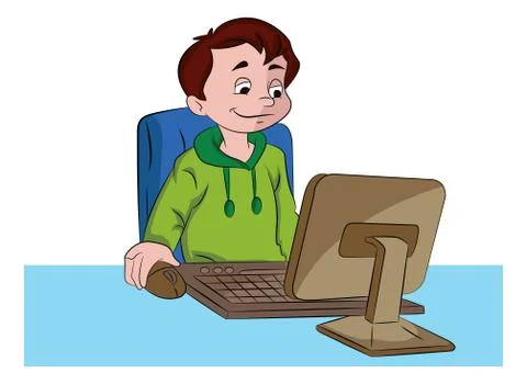 Boy Using a Desktop Computer, illustration Stock Illustration