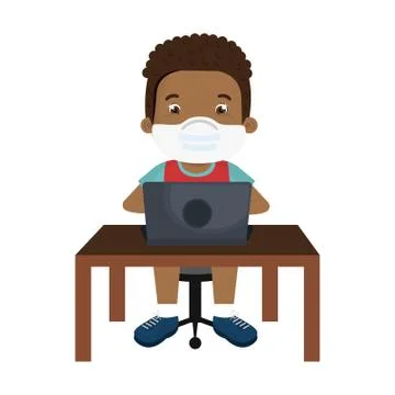 Boy using face mask with laptop studying online Stock Illustration