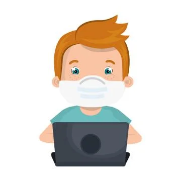 Boy using face mask with laptop studying online Illustrazione stock