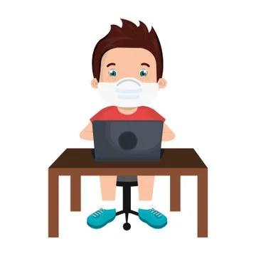 Boy using face mask with laptop studying online イラスト素材