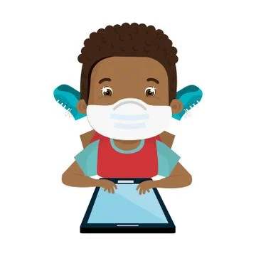 Boy using face mask with tablet studying online 스톡 일러스트