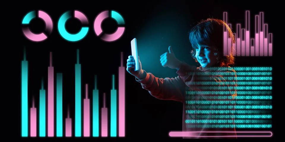 Boy using interface modern technology and digital layer effect as business Stock Photos