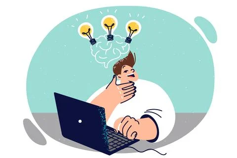 Boy using laptop comes up with ideas for topics for essay at school, with light イラスト素材