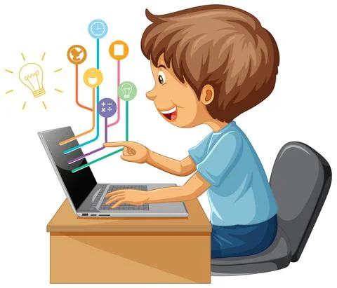 A boy using laptop computer for distance learning online Illustrazione stock