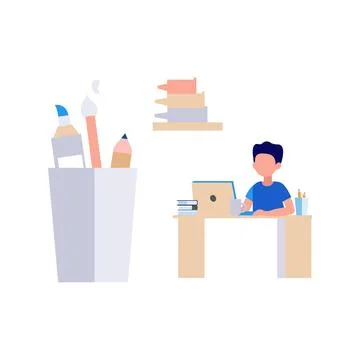 The boy is using a laptop at his desk. Stock Illustration