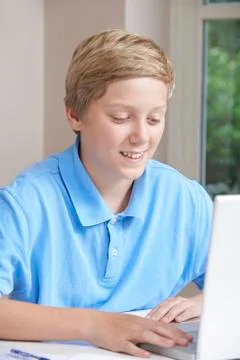 Boy Using Laptop At Home Stock Photos