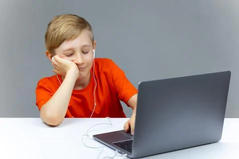 Boy using laptop for online learning Stock Photos