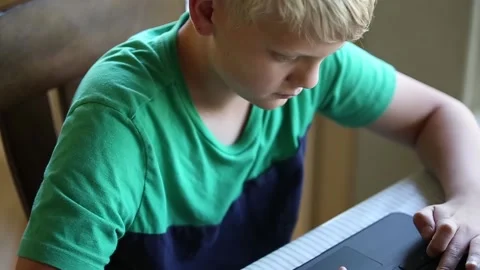 Boy using laptop for online school Vídeos de archivo 137077281