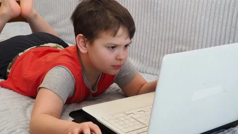 Boy using a laptop playing online games or tablet communicate blogging, studying Vidéo 148631292