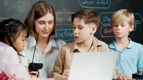 Boy using laptop programing engineering code and writing program. Erudition. Stock Footage 279188704