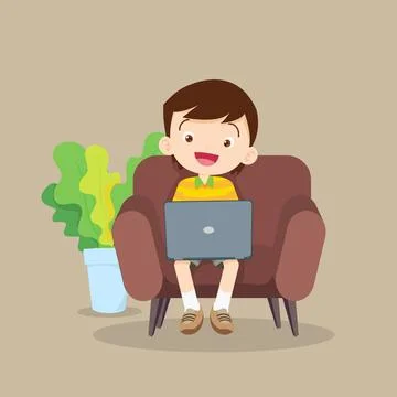 Boy using laptop on sofa Stock Illustration