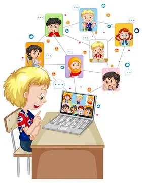 A boy using laptop for video call with friend on white background イラスト素材