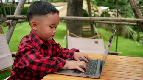 Boy using laptop while attending the online classes in garden. Stock Footage 206076194