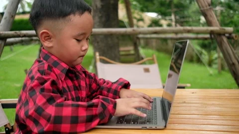 Boy using laptop while attending the online classes in garden. Stock Footage 206076266