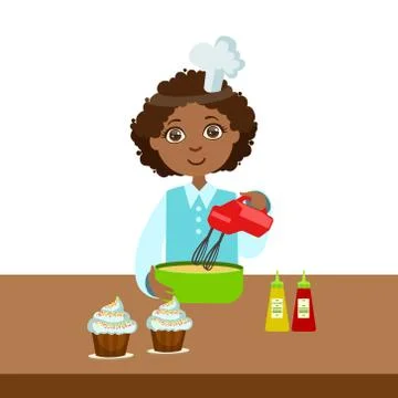 Boy Using Mixer In Bowl, Cute Kid In Chief Toque Hat Cooking Food Vector Stock Illustration