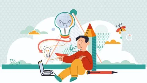 Boy using notebook computer. Learning and enjoying online. Children self-study Stock Illustration