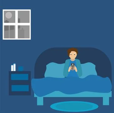 Boy using smartphone lying on the bed at night. Stock Illustration