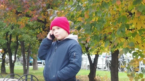 Boy using smartphone in park.  school  boy in casual wear talking on the phone Stock Footage 164472253