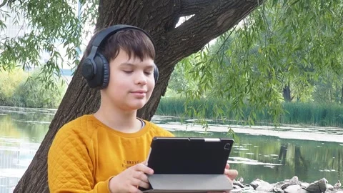 Boy using tablet computer, teenager relaxing in the park Video stock 270936908