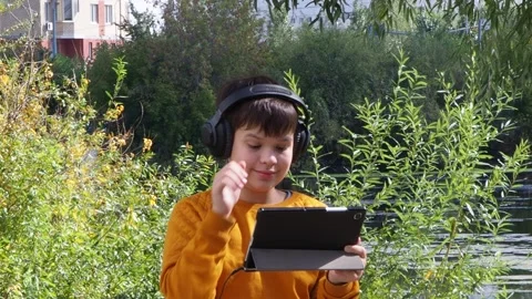Boy using tablet computer, teenager relaxing in the park Video stock 270936993