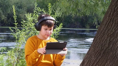 Boy using tablet computer, teenager relaxing in the park Stock Footage 270937037