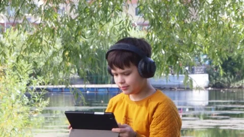 Boy using tablet computer, teenager relaxing in the park Stock Footage 270937098