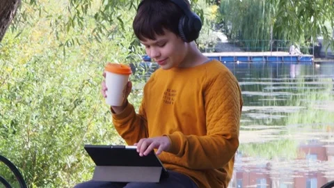 Boy using tablet computer, teenager relaxing in the park Stock Footage 270937141
