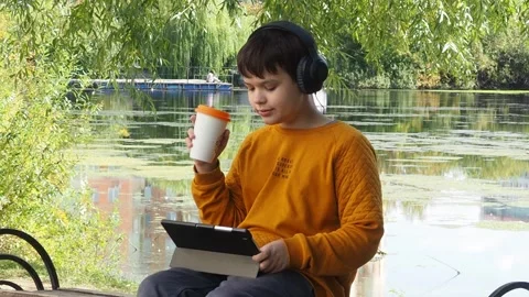 Boy using tablet computer, teenager relaxing in the park Stock Footage 270937208