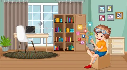 A boy using tablet at home Stock Illustration