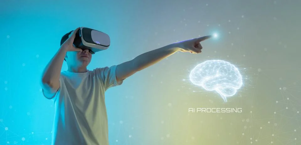 Boy using virtual reality headset interacting with artificial intelligence .. Stock Photos