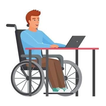 Boy using wheelchair and working on laptop 스톡 일러스트
