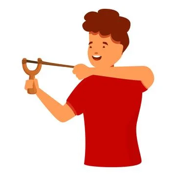 Boy using wooden slingshot, playing and having fun outdoors Stock Illustration