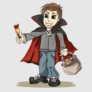 Boy in vampire costume with candy in hands Stock Illustration