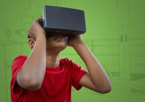 Boy in virtual reality headset against green hand drawn office Stock Photos