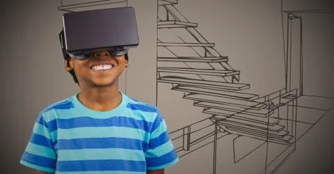 Boy in virtual reality headset against brown hand drawn office Stockfoto's