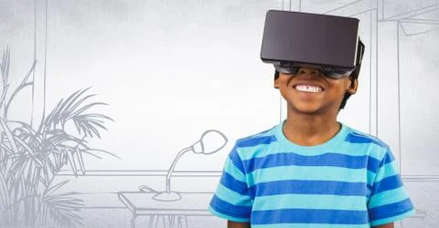 Boy in virtual reality headset against white 3D hand drawn office Stock Photos