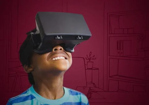 Boy in virtual reality headset against maroon hand drawn office 库存照片