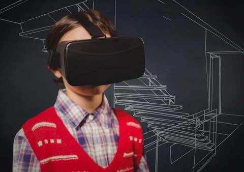 Boy in virtual reality headset against white hand drawn stairs and navy 写真素材