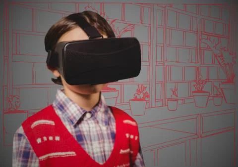 Boy in virtual reality headset against red and grey hand drawn wall Stock Photos