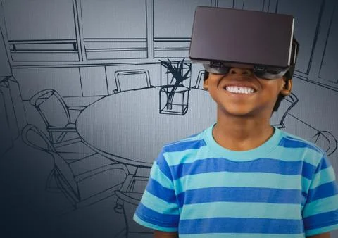 Boy in virtual reality headset against navy hand drawn office Foto stock