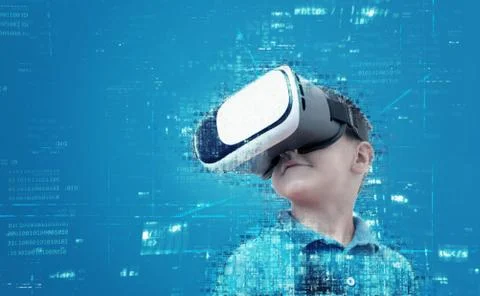 Boy with virtual reality headset is made up of codes. The concept of virtual  Stock Photos