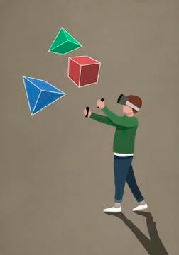 Boy with virtual reality simulator glasses looking at 3D geometric shapes 스톡 일러스트