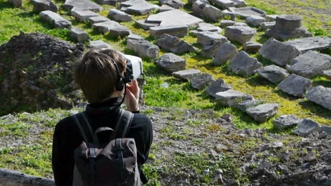 Boy visiting Rome with virtual tour mask Stock Footage 142447391