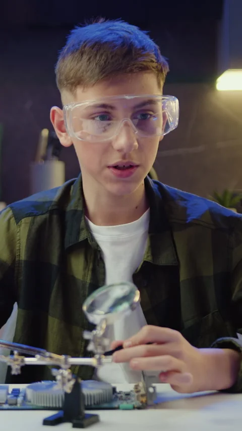 Boy vlogger makes online streaming using smartphone is studying electronics and  動画素材 327372061