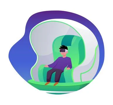 Boy in VR glasses playing in Virtual reality videogames attraction, vector .. Stock Illustration