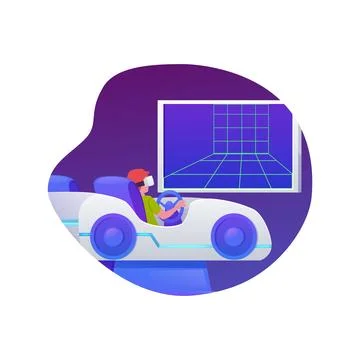 Boy in VR glasses playing in Virtual reality videogames attraction. Simulatio Stock Illustration