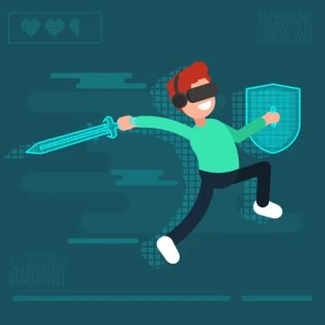 Boy with VR goggles play vr game. Flat cartoon vector illustration. Stock Illustration