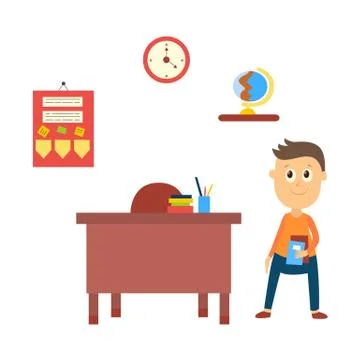 Boy waiting in classroom at empty teacher table Stock Illustration