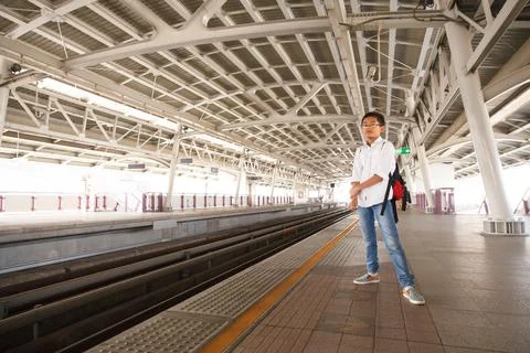 Boy waiting for train Stock Photos